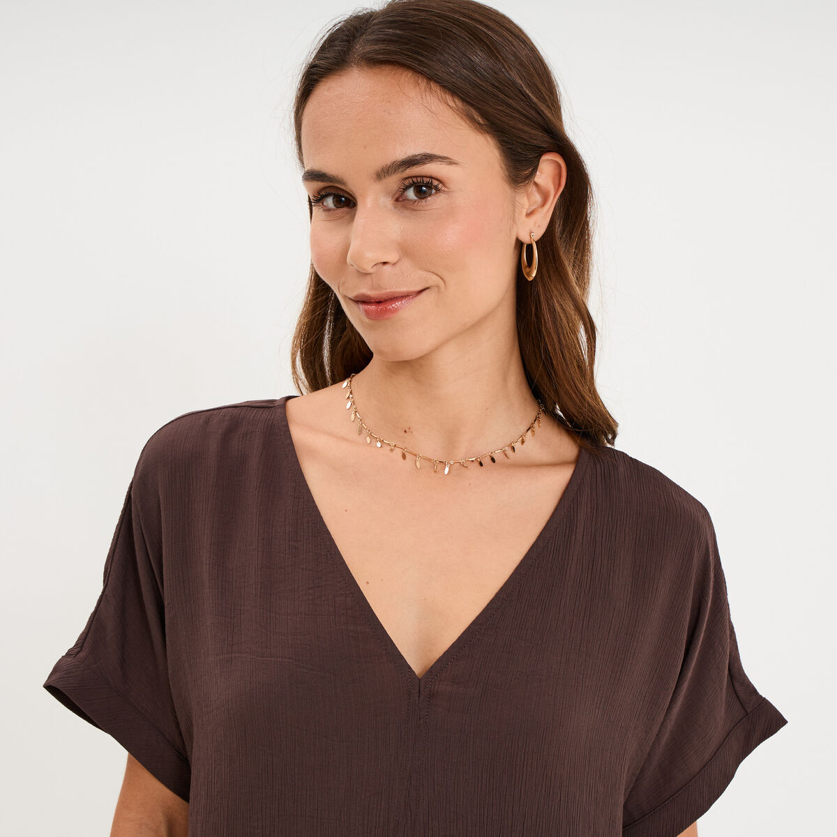 Robe courte fluide manches courtes marron fonc&eacute; femme