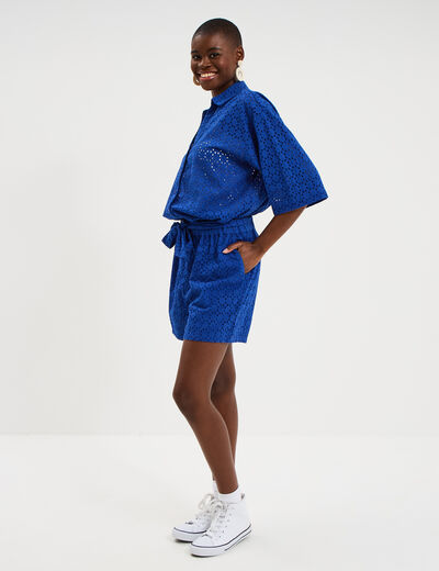 Short large broderie anglaise coton bleu electrique femme