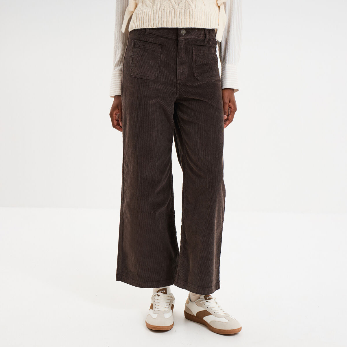 Pantalon effet velours flare 7/8&egrave;me marron fonc&eacute; femme