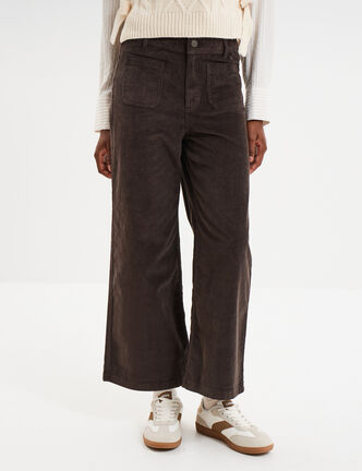 Pantalon effet velours flare 7/8&egrave;me marron fonc&eacute; femme