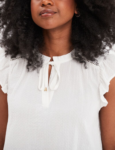Blouse manches courtes à volants coton blanc femme