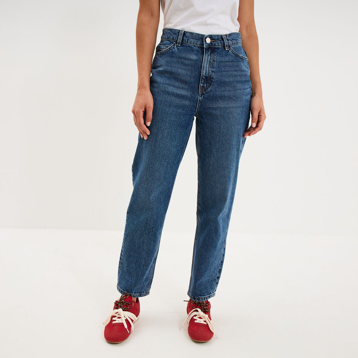 Jeans mom cropped taille haute denim stone femme