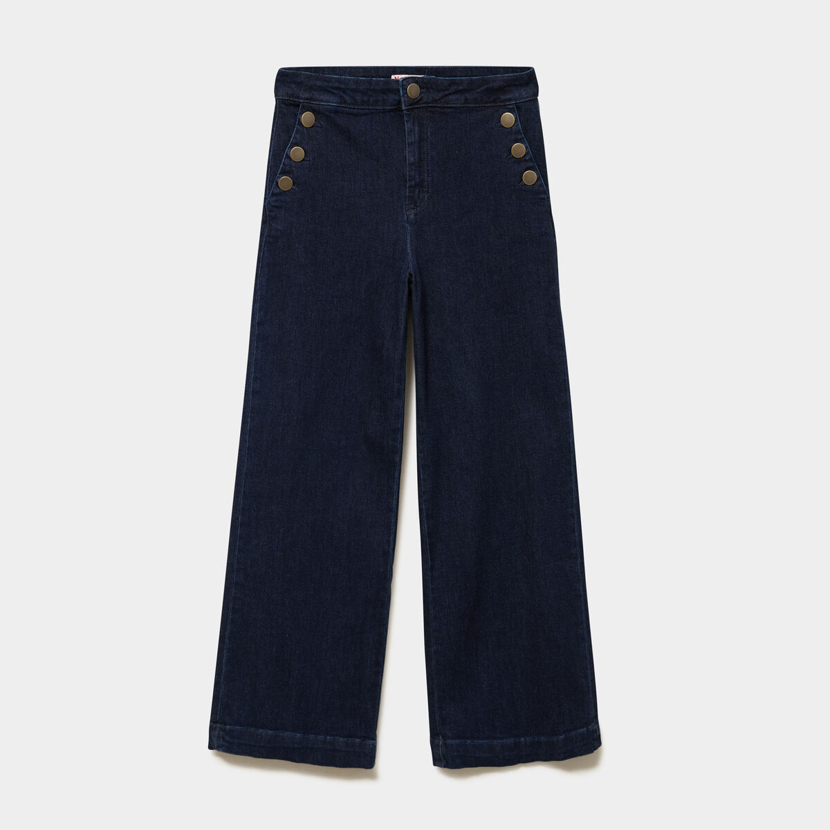 Jean large cropped &agrave; pont taille haute denim brut femme