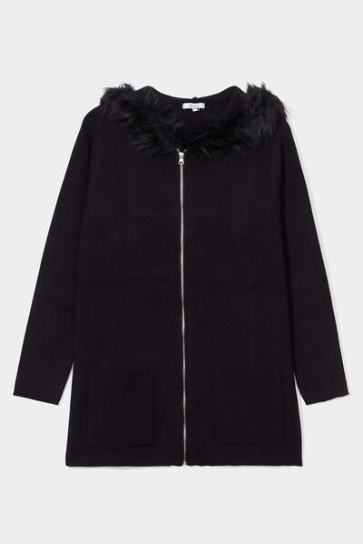 Gilet long capuche et fausse fourrure noir femme grande taille