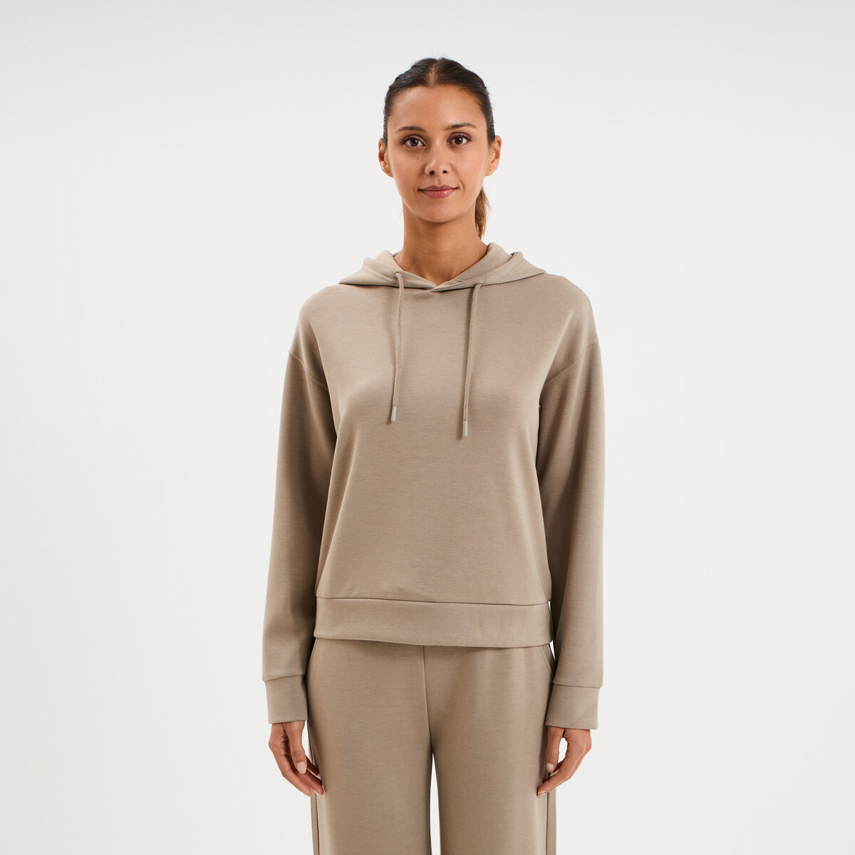 Sweat hoodie manches longues &agrave; capuche taupe femme