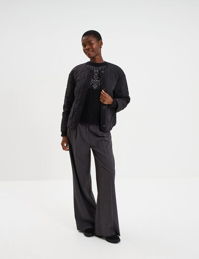 Pull jacquard col rond manches longues noir femme