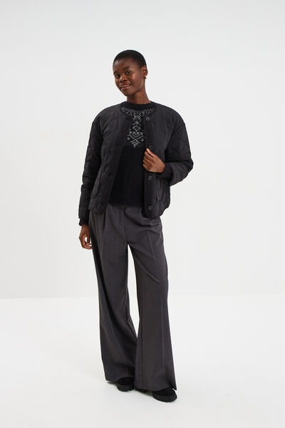 Pull jacquard col rond manches longues noir femme