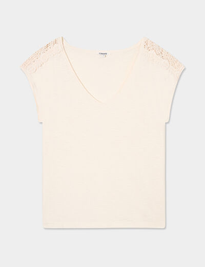 T-shirt épaules dentelle coton rose clair femme
