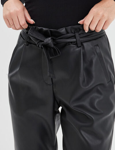 Pantalon simili cuir paperbag noir femme