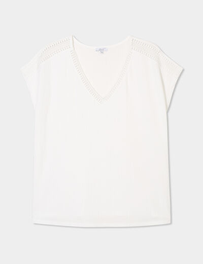 T-shirt bandes dentelle col en V blanc femme grande taille