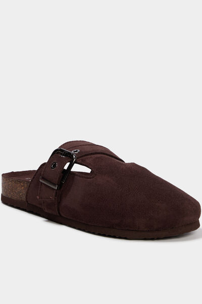 Mules su&eacute;dine avec boucles marron fonc&eacute; femme