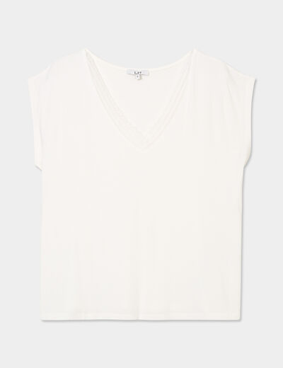 T-shirt col en V manches courtes blanc femme