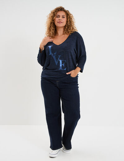 Pull manches 3/4 chauve-souris col V bleu marine femme grande taille