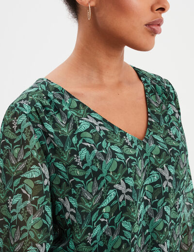 Blouse col en V manches longues vert femme