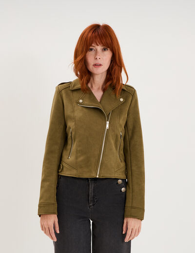 Veste biker effet su&eacute;dine vert kaki femme