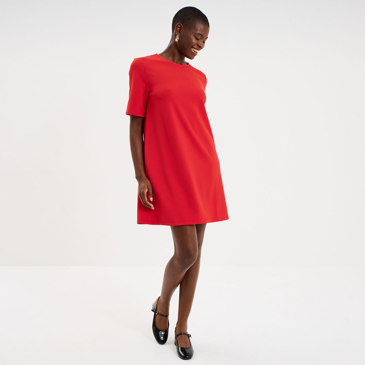 Robe droite cr&ecirc;pe manches courtes rouge femme