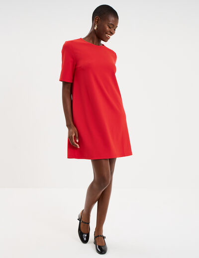 Robe droite cr&ecirc;pe manches courtes rouge femme
