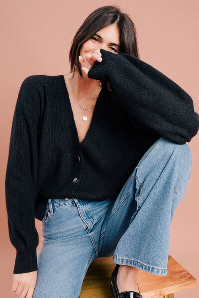 Gilet boutonné col en V noir femme