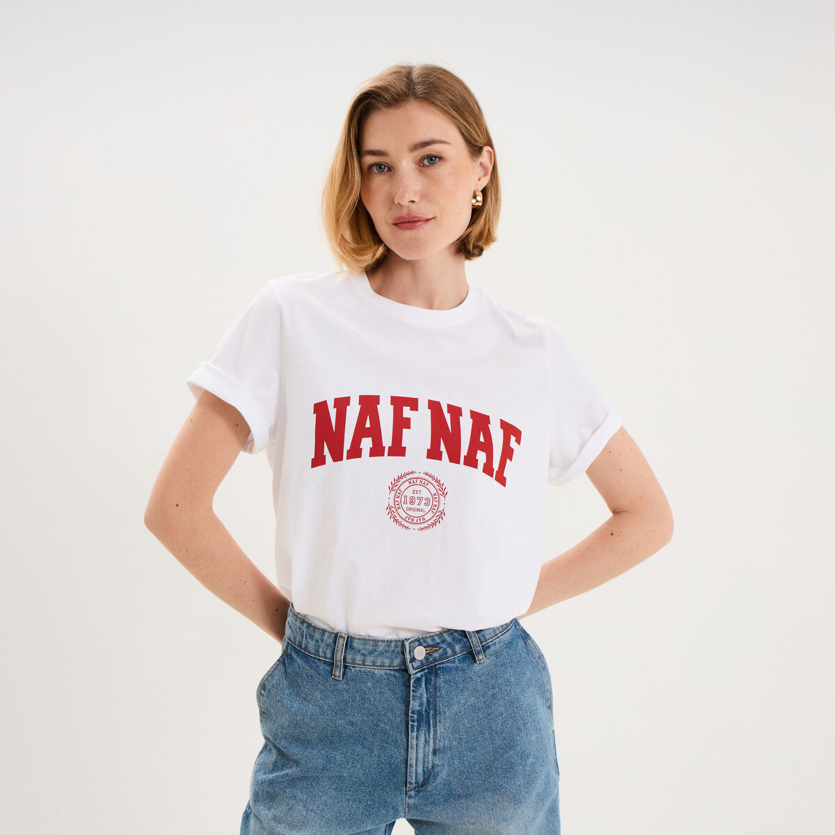 T-shirt col rond manches courtes print blanc femme