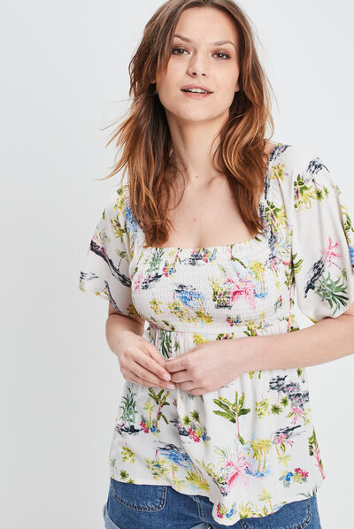 Blouse smockée manches courtes ecru femme
