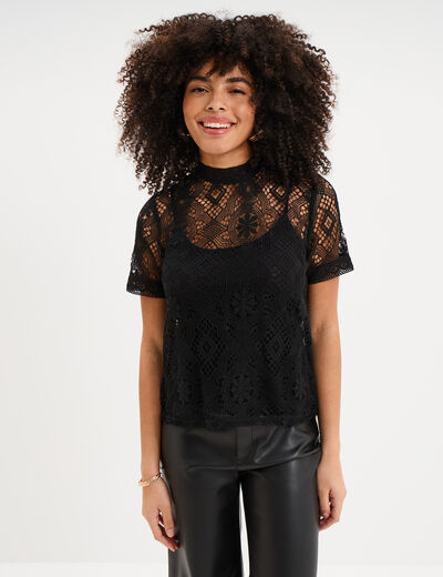 T-shirt dentelle manches courtes noir femme