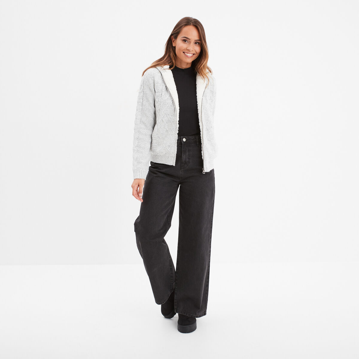 Sweat zipp&eacute; doublure effet sherpa gris femme