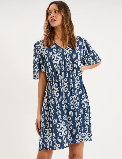 Robe fluide genou col en V bleu marine femme