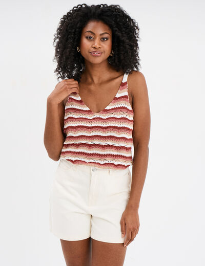 Débardeur tricot ajouré col en V beige femme