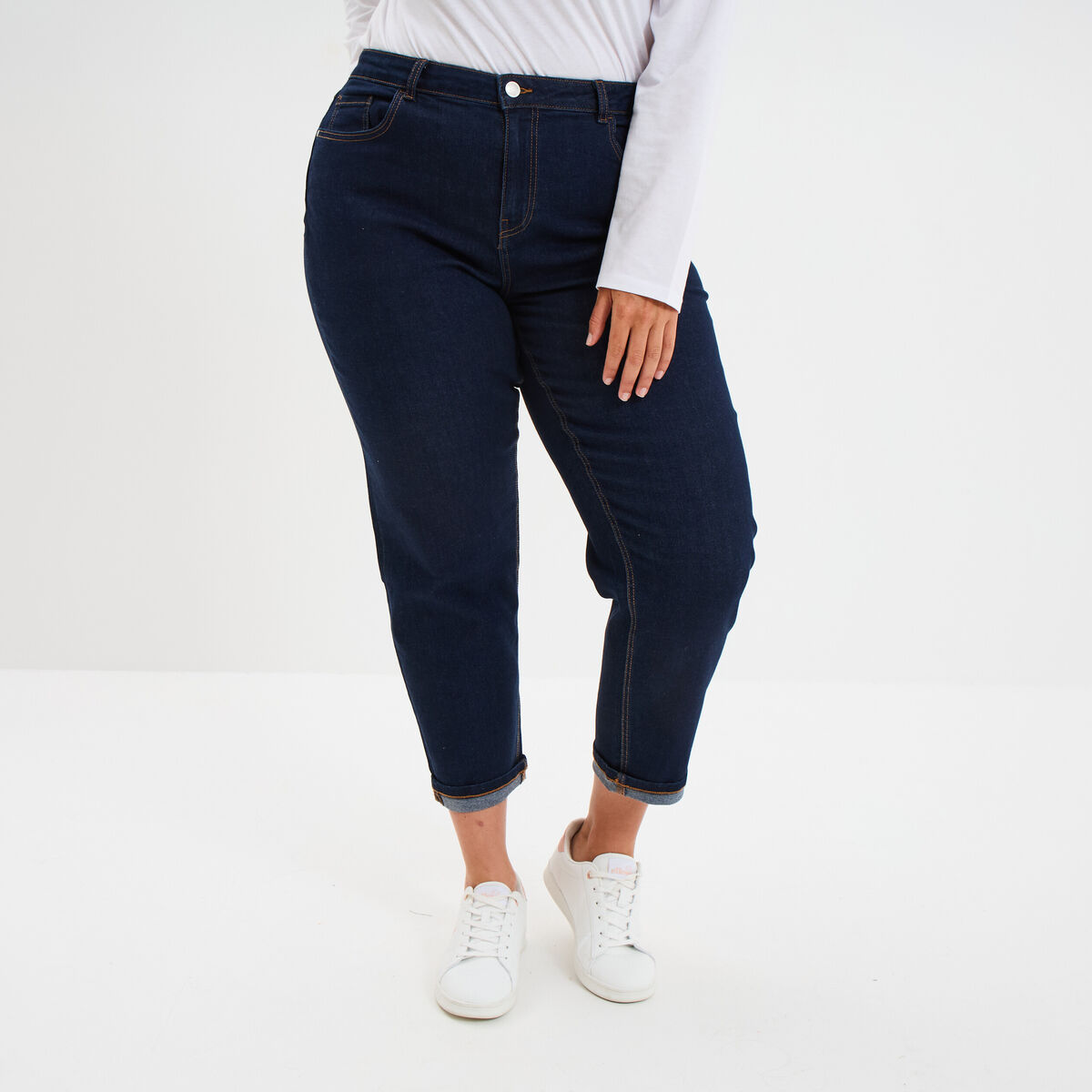 Jeans mom cropped taille haute denim brut femme grande taille