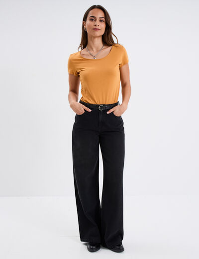 T-shirt coton col rond manches courtes jaune moutarde femme