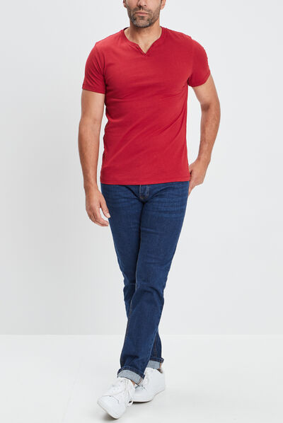 T-shirt manches courtes col tunisien bordeaux homme