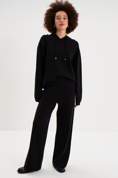 Pantalon large cropped effet cr&ecirc;pe noir femme