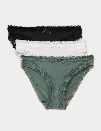 Lot 3 culottes &agrave; dentelle doubl&eacute;es coton vert femme