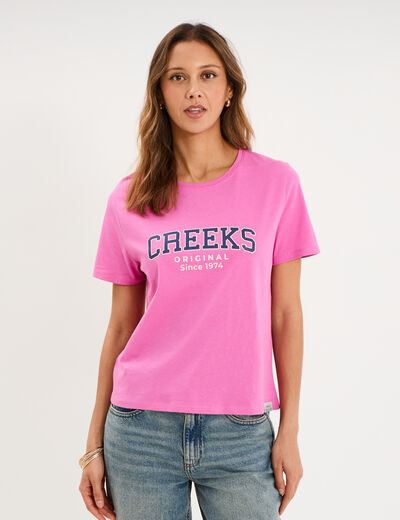 T-shirt col rond manches courtes rose fushia femme