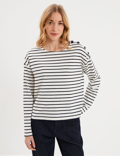 T-shirt marini&egrave;re col rond avec boutons ecru femme