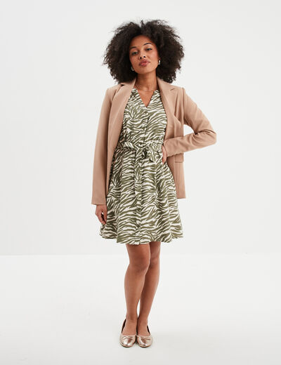 Robe courte ceinturée col tusinien vert kaki femme