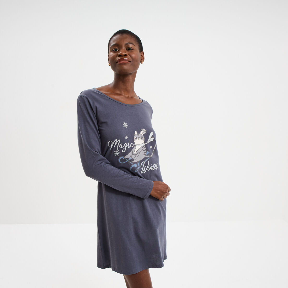 Chemise de nuit manches longues coton bleu gris femme