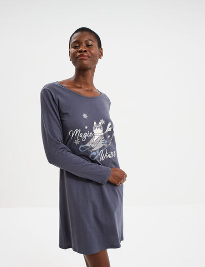 Chemise de nuit manches longues coton bleu gris femme