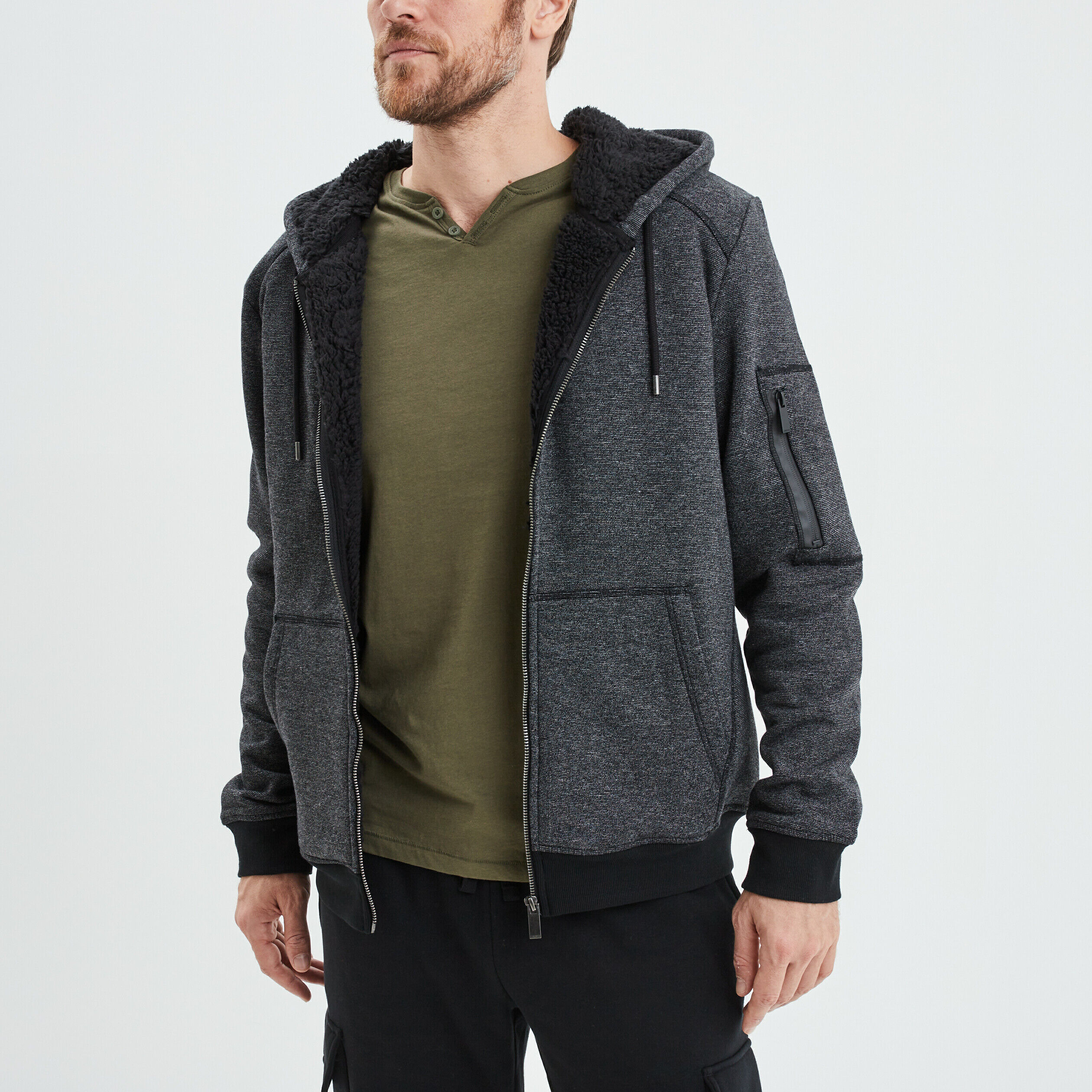 Sweat zippé molleton doublé sherpa gris foncé homme LIBERTO