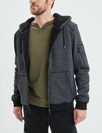 Sweat zipp&eacute; molleton doubl&eacute; sherpa gris fonc&eacute; homme