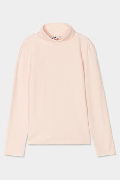 T-shirt col roul&eacute; manches longues coton rose clair fille