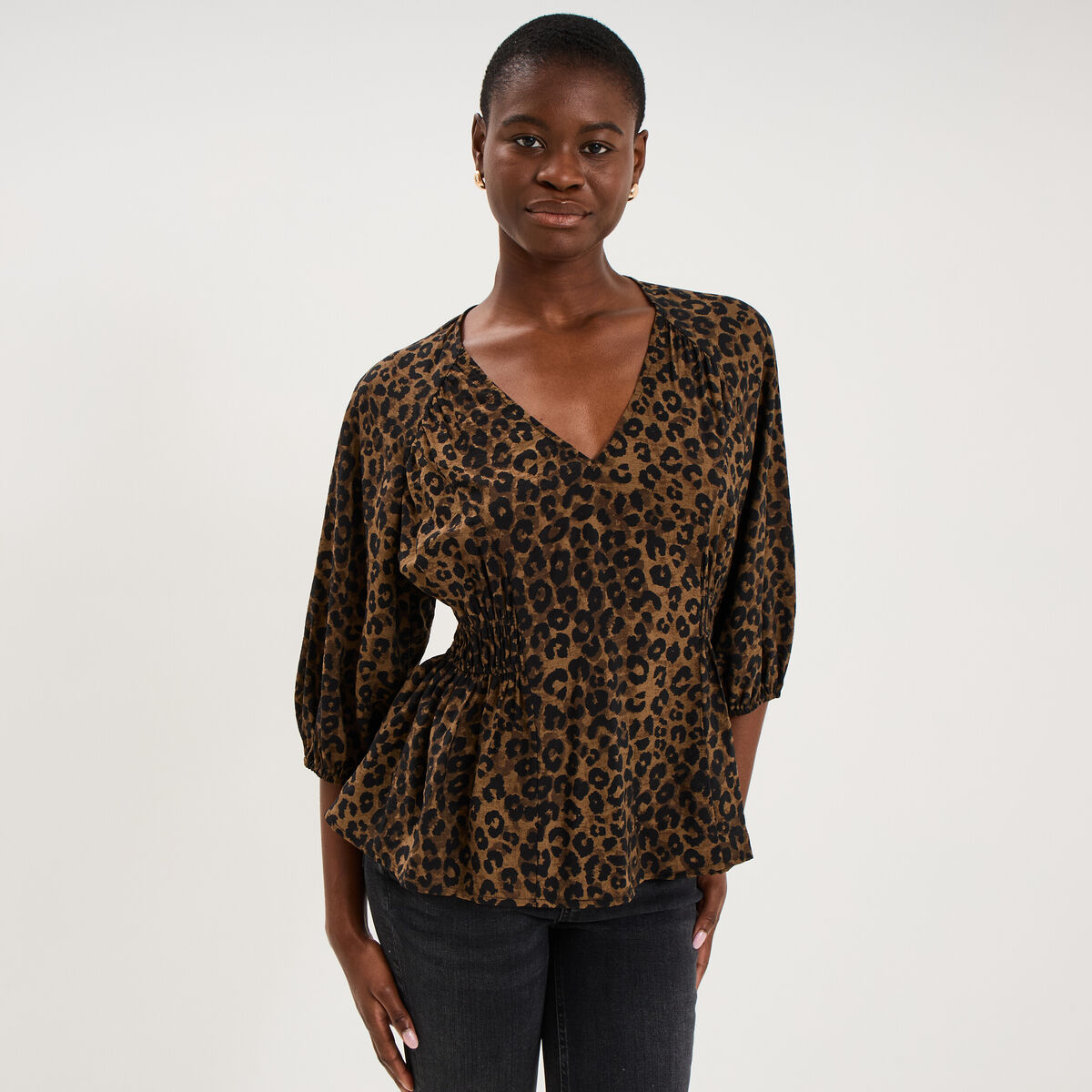 Blouse oversize &eacute;lastiqu&eacute;e manches 3/4 vert kaki femme