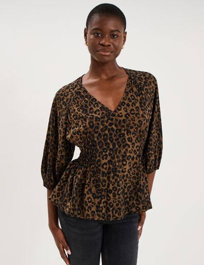 Blouse oversize &eacute;lastiqu&eacute;e manches 3/4 vert kaki femme
