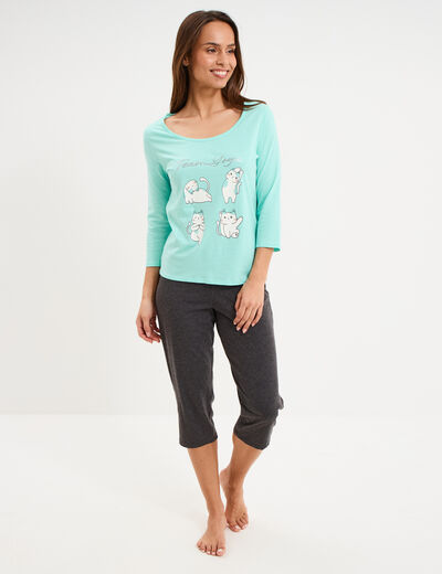 Ensemble pyjama corsaire et t-shirt bleu turquoise femme