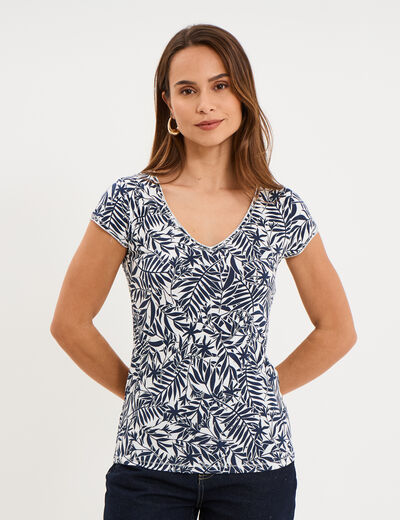 T-shirt col V droit manches courtes ecru femme