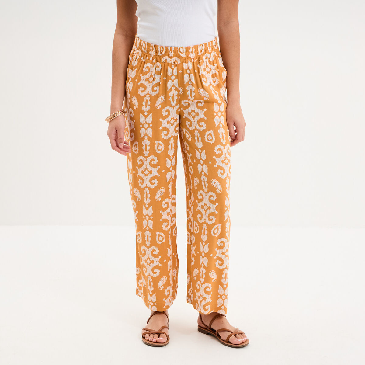 Pantalon fluide large taille &eacute;lastiqu&eacute;e jaune ocre femme