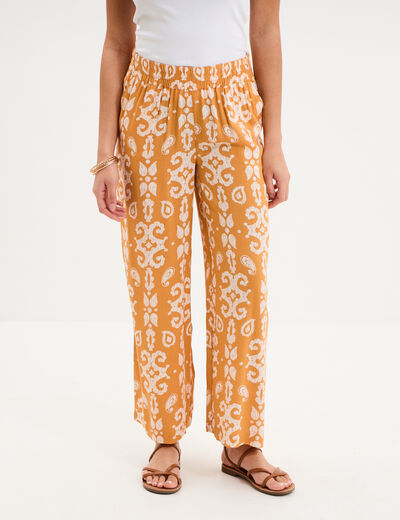 Pantalon fluide large taille &eacute;lastiqu&eacute;e jaune ocre femme