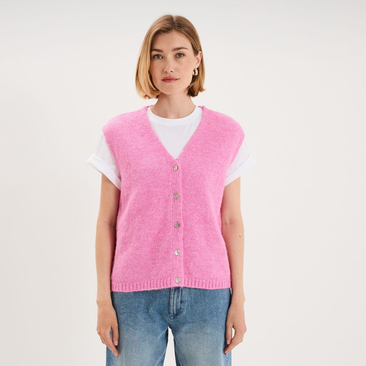 Gilet sans manches col en V rose femme