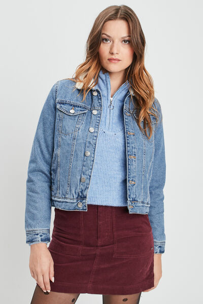 Veste droite en jean col molletonné denim double stone femme