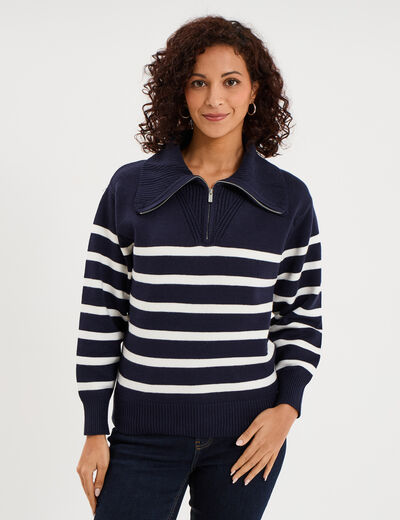 Pull col camionneur zipp&eacute; bleu marine femme